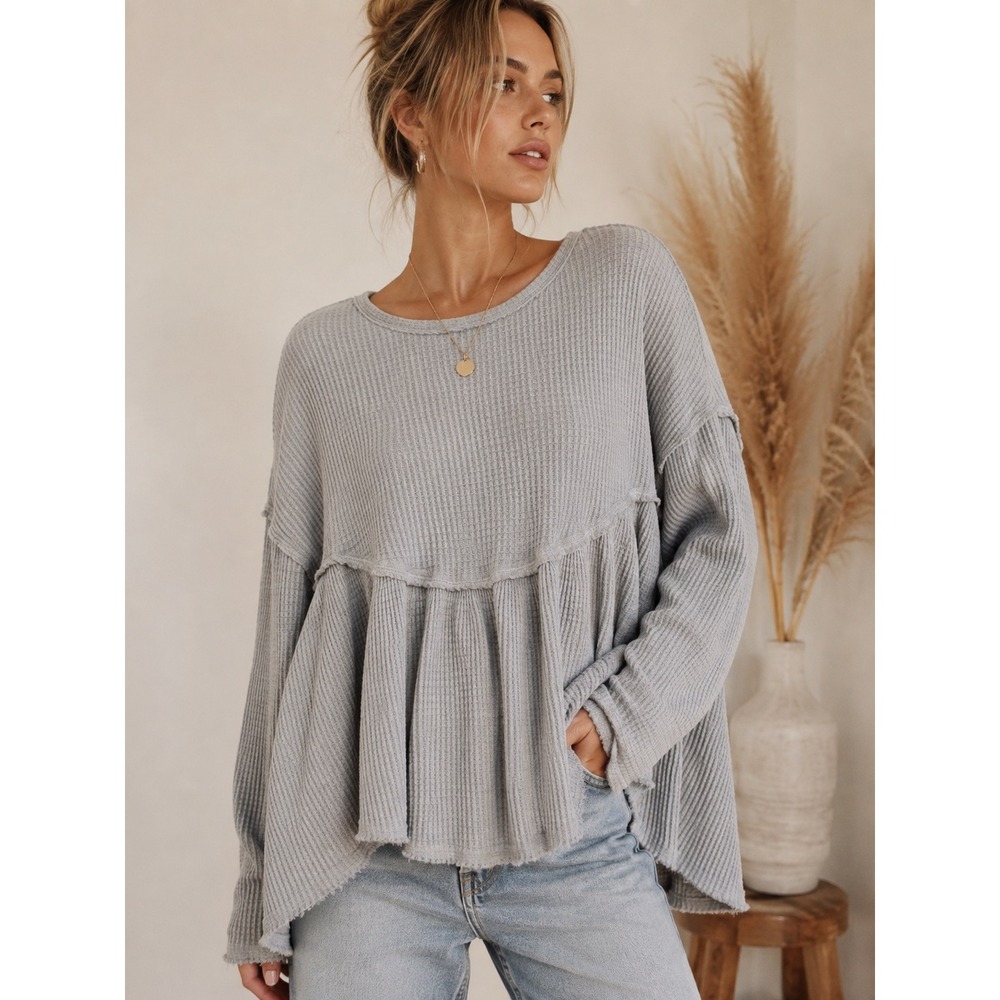 Free People We The Free Peplum Thermal Waffle Knit Gray Small Babydoll Boho Top